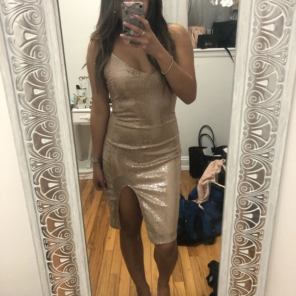 Gold Sequin Dress with Slit - Picture 4 of 4